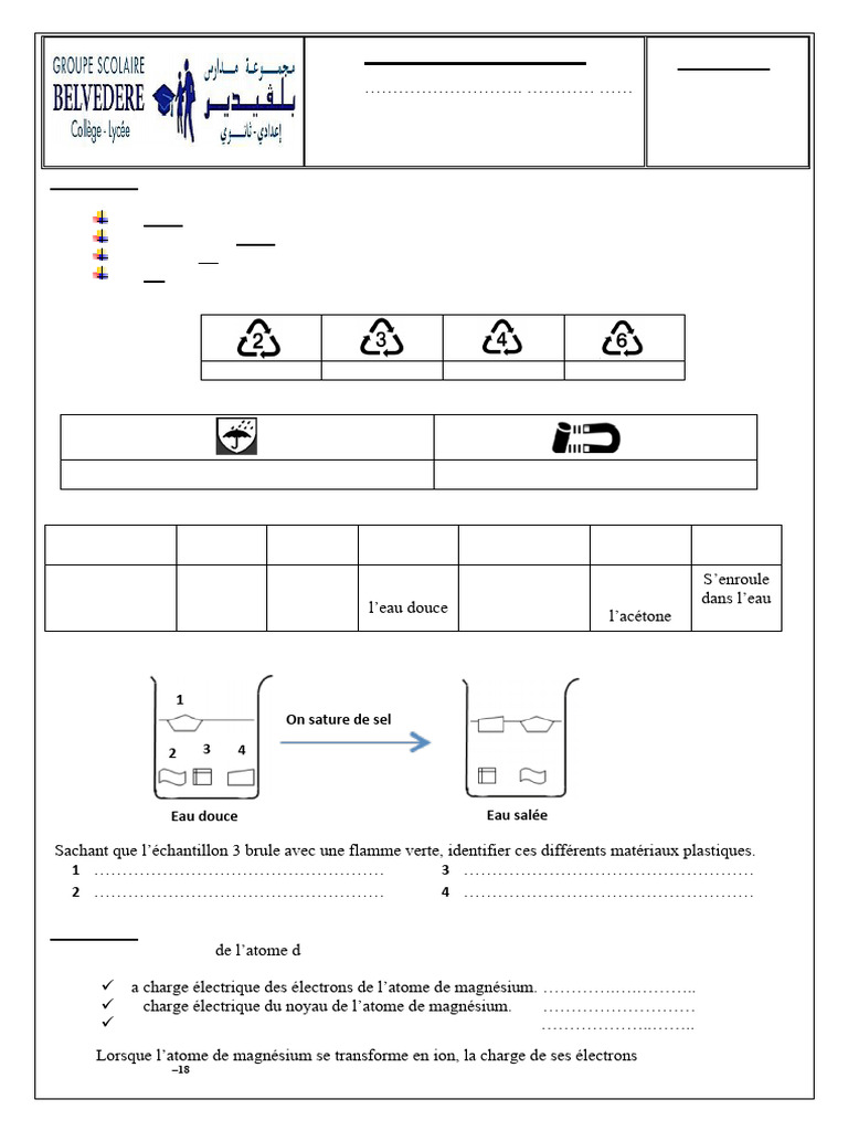 3AS Controle N°1 Physique Chimie | PDF | Ion | Atomes