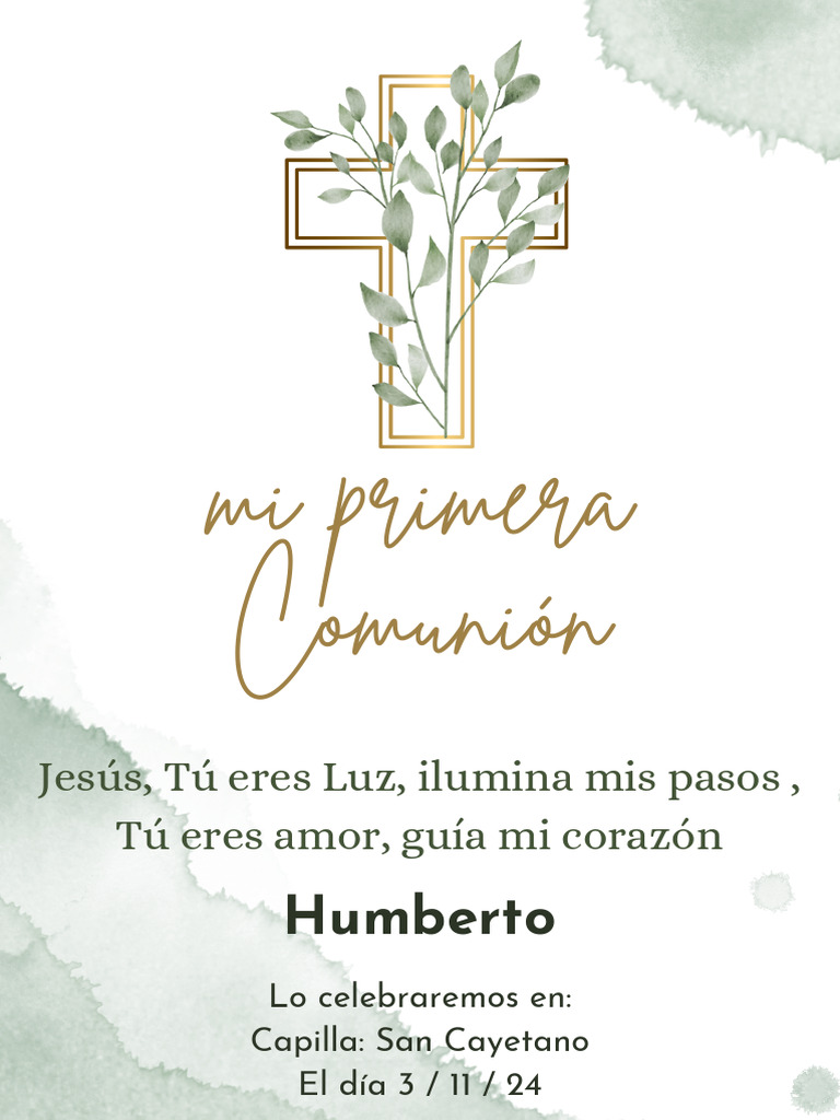 Invitación Mi Primera Comunión Acuarela y Dorado | PDF, image size:768x1024