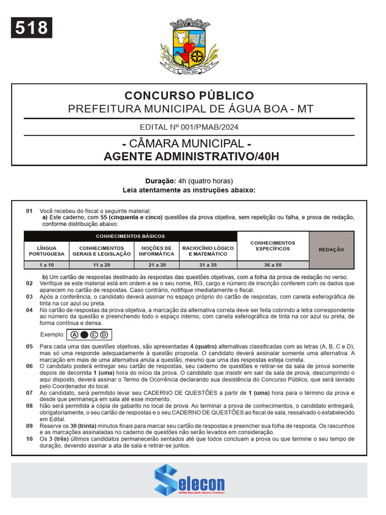 Selecon 2024 Prefeitura de Agua Boa MT Agente Administrativo 40h Camara ...