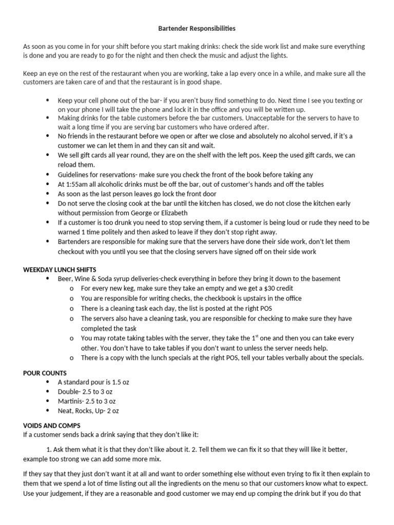 Bartender Info Pdf Meal Drink