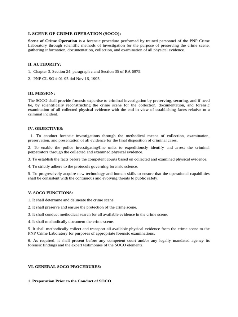 SOCO Team Roles and Procedures | PDF | Crime Scene | Forensic Science