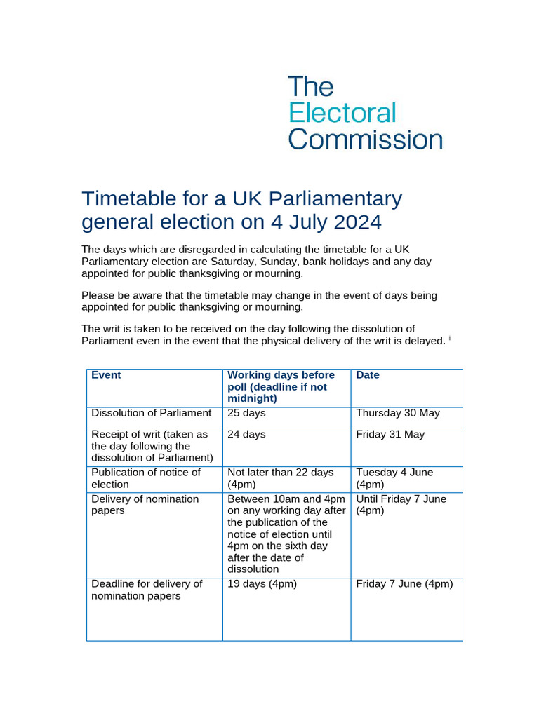 UK Parliament Election Timetable 2024 | PDF | Postal Voting | Elections