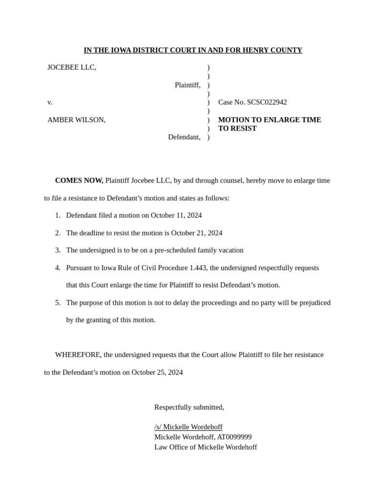 Motion to Extend Resistance Deadline | PDF | Plaintiff | Justice