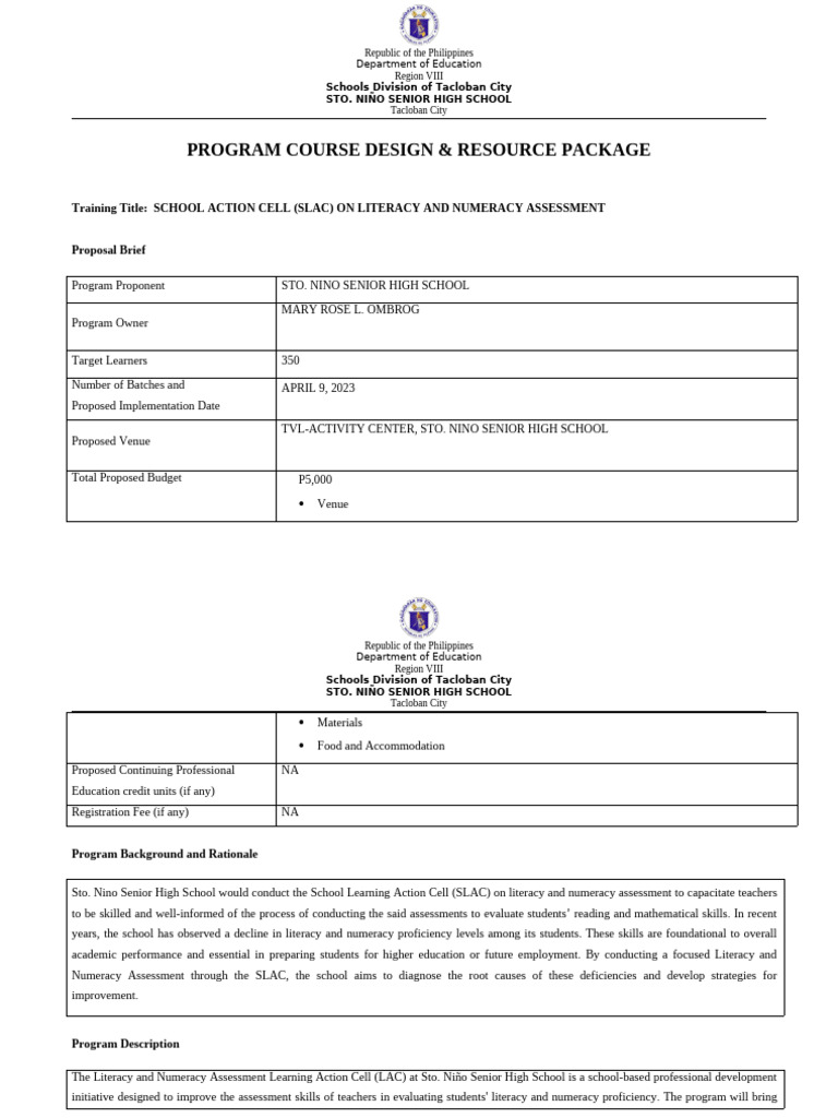 SLAC Literacy & Numeracy Training Proposal | PDF | Literacy | Teachers