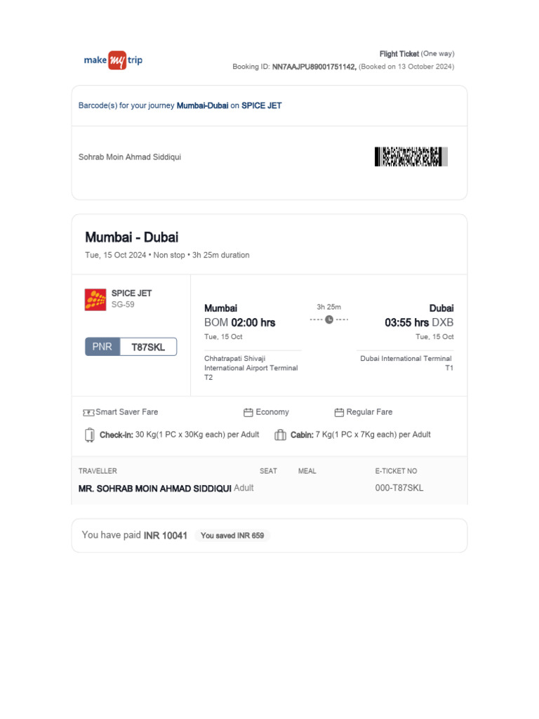 Mumbai to Dubai SpiceJet Flight Ticket | PDF | Travel Visa