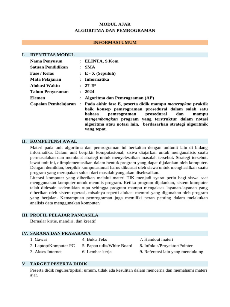 Modul Ajar Algoritma Pemrograman SMA | PDF | Karier & Perkembangan