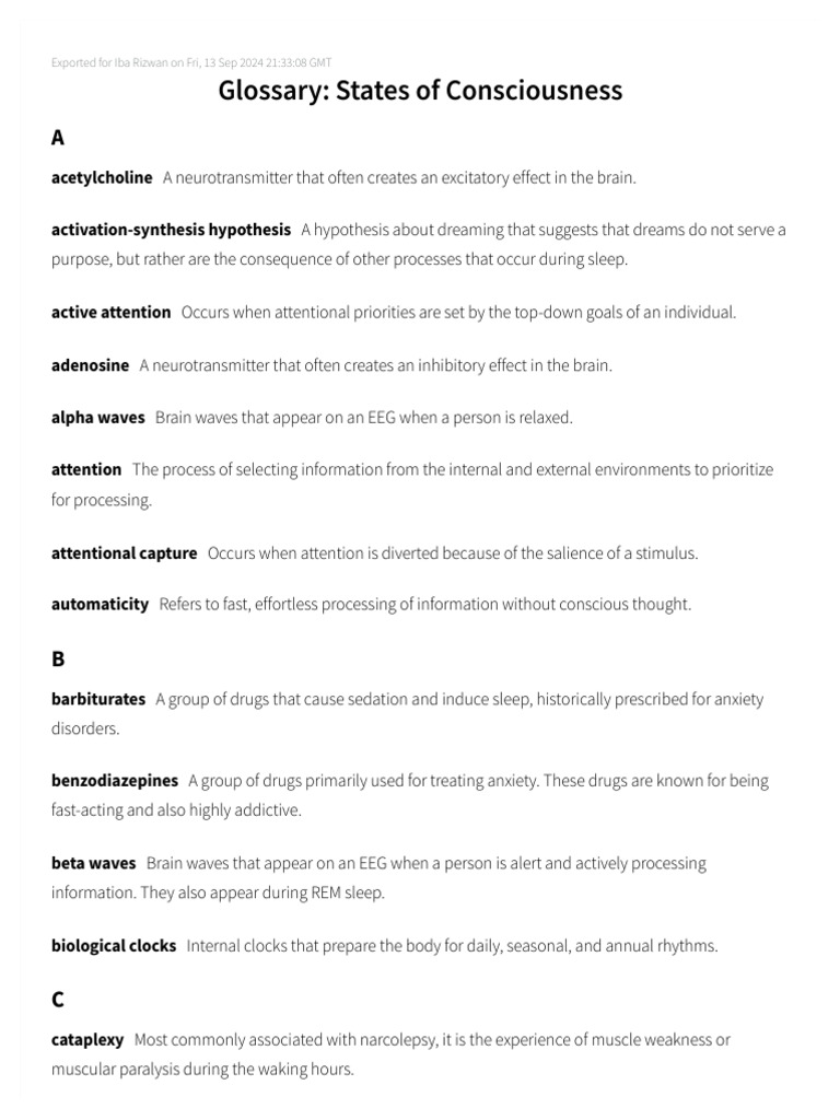 Glossary of Consciousness Terms | PDF | Sleep | Rapid Eye Movement Sleep