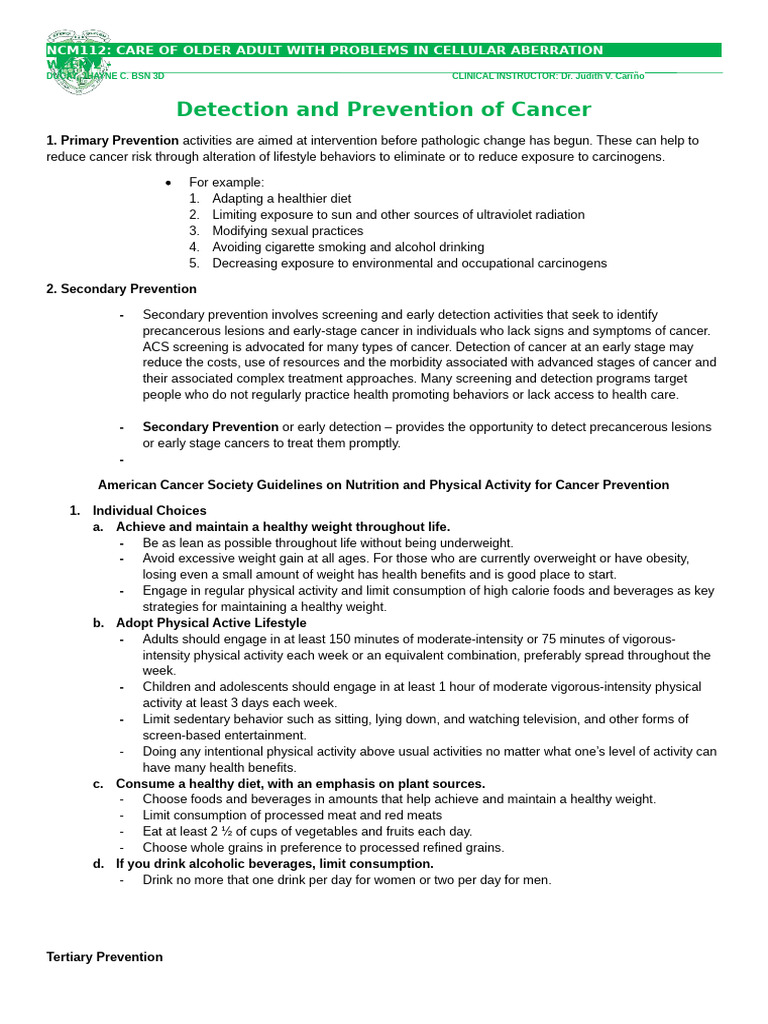 Cancer Detection and Prevention Strategies | PDF | Cancer | Preventive ...