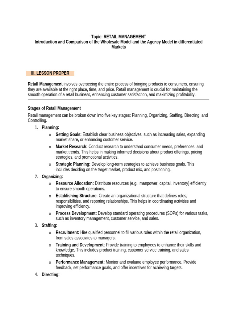 Lesson Proper Retail Management Week 1 1 | PDF | Retail | Inventory