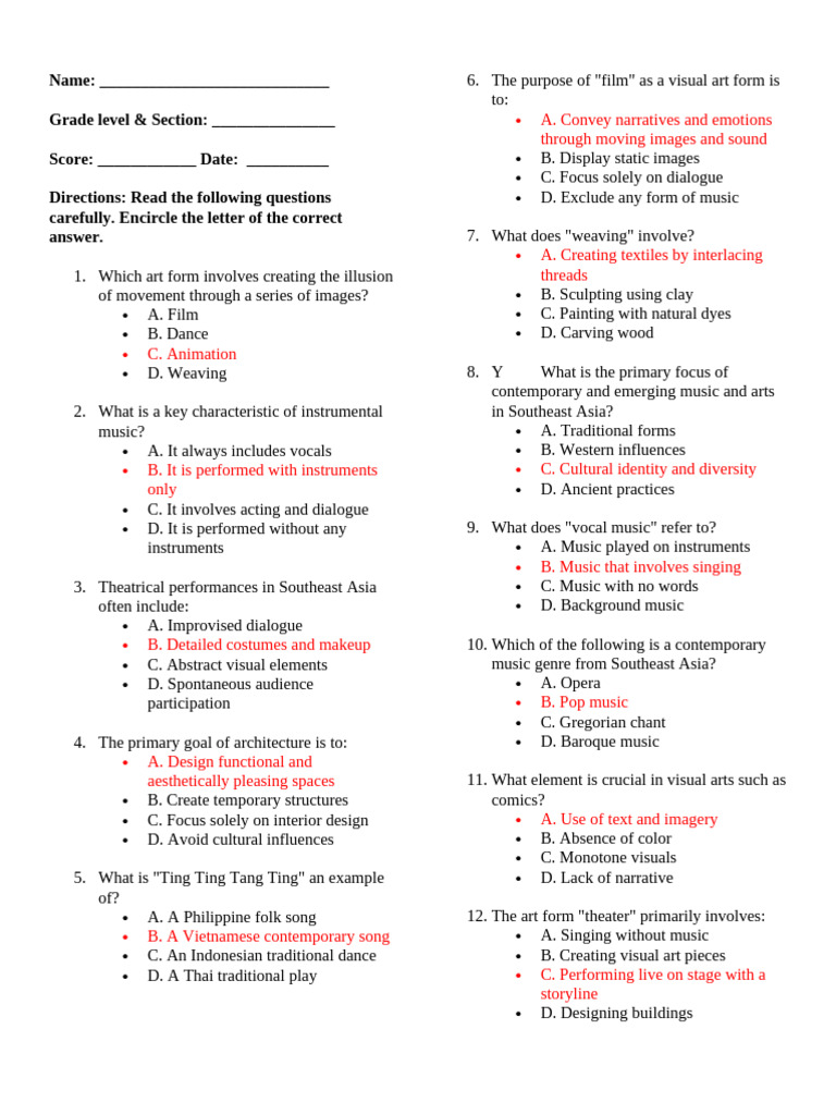 Southeast Asia Arts Quiz and Answers | PDF | The Arts