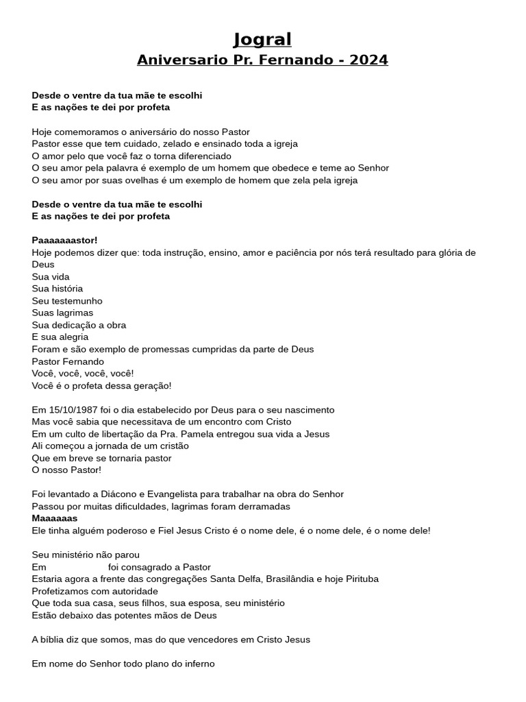 Jogral de Aniversário do Pastor Fernando | PDF | Religião e Espiritualidade