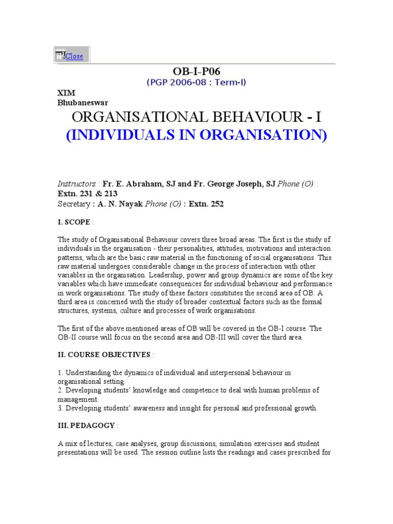 Close Organizational Behavior Psychotherapy - 