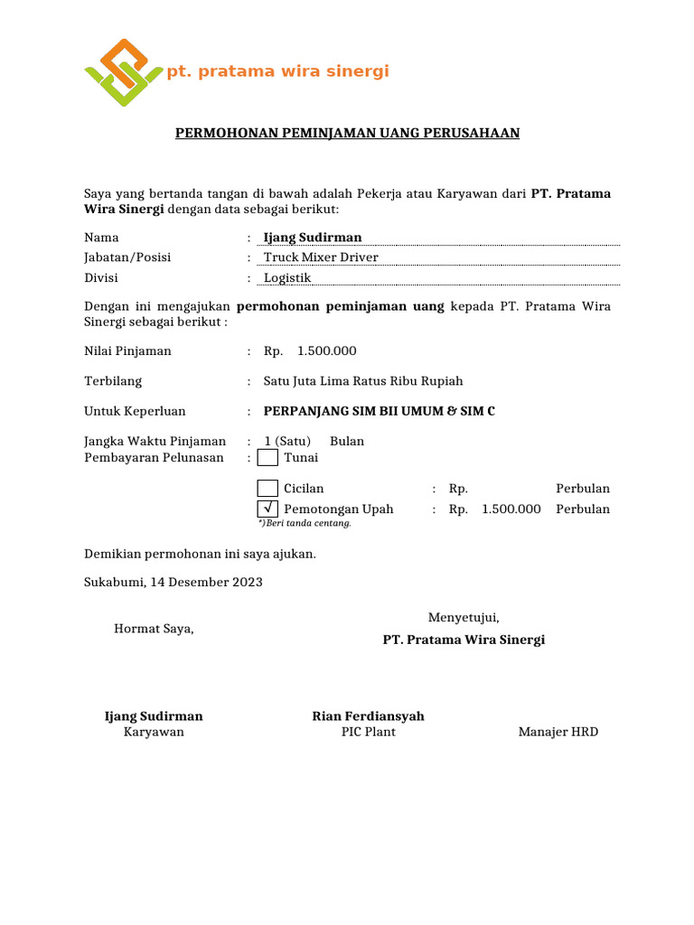 Permohonan Pinjaman Karyawan PT Pratama | PDF | Pengelolaan Keuangan & Uang