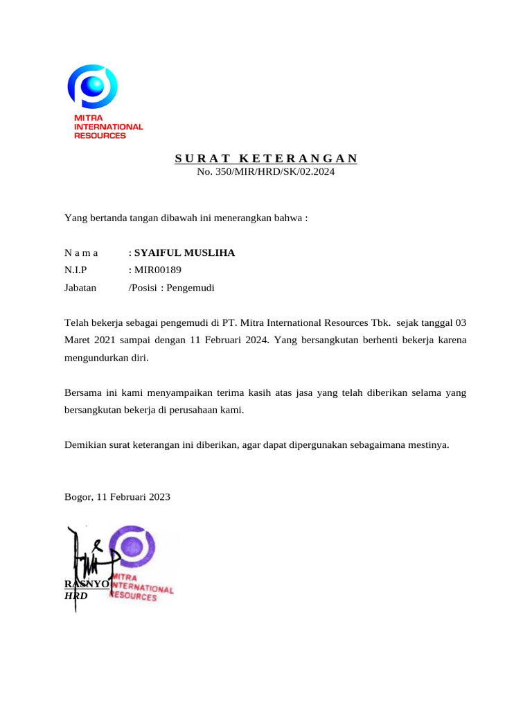 Surat Keterangan Pengalaman Kerja Driver | PDF