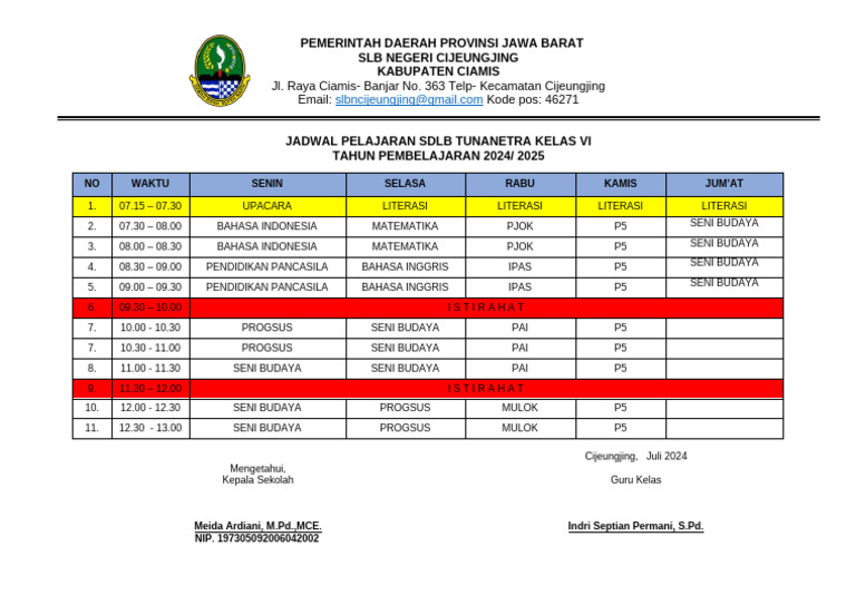 Jadwal Pelajaran Kelas Vi Sdlb Pdf