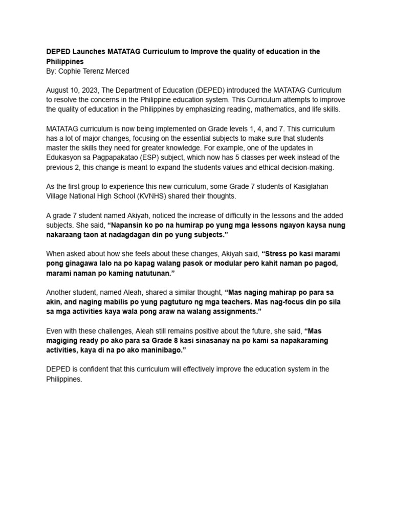 DEPED Launches MATATAG Curriculum To Improve The Quality of Education ...
