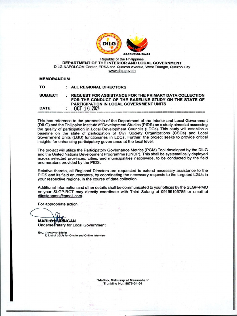 Memo To RDS Re Request For Assistance For The Primary Data Collection ...