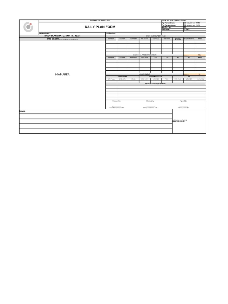 Daily Mining Production Plan Form | PDF | Resource Extraction | Mining