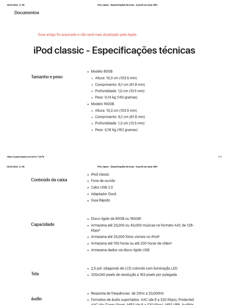 Ipod Classic - Especificações Técnicas | PDF | iPod | iTunes, image size:768x1024