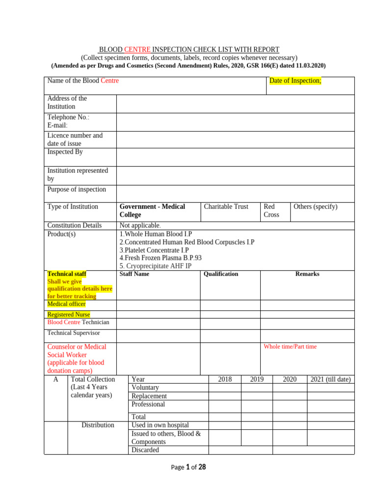 Blood Centre Inspection Checklist | PDF | Blood Donation | Coronary ...
