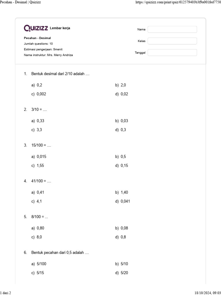 Soal Pecahan dan Desimal Kelas 6 | PDF