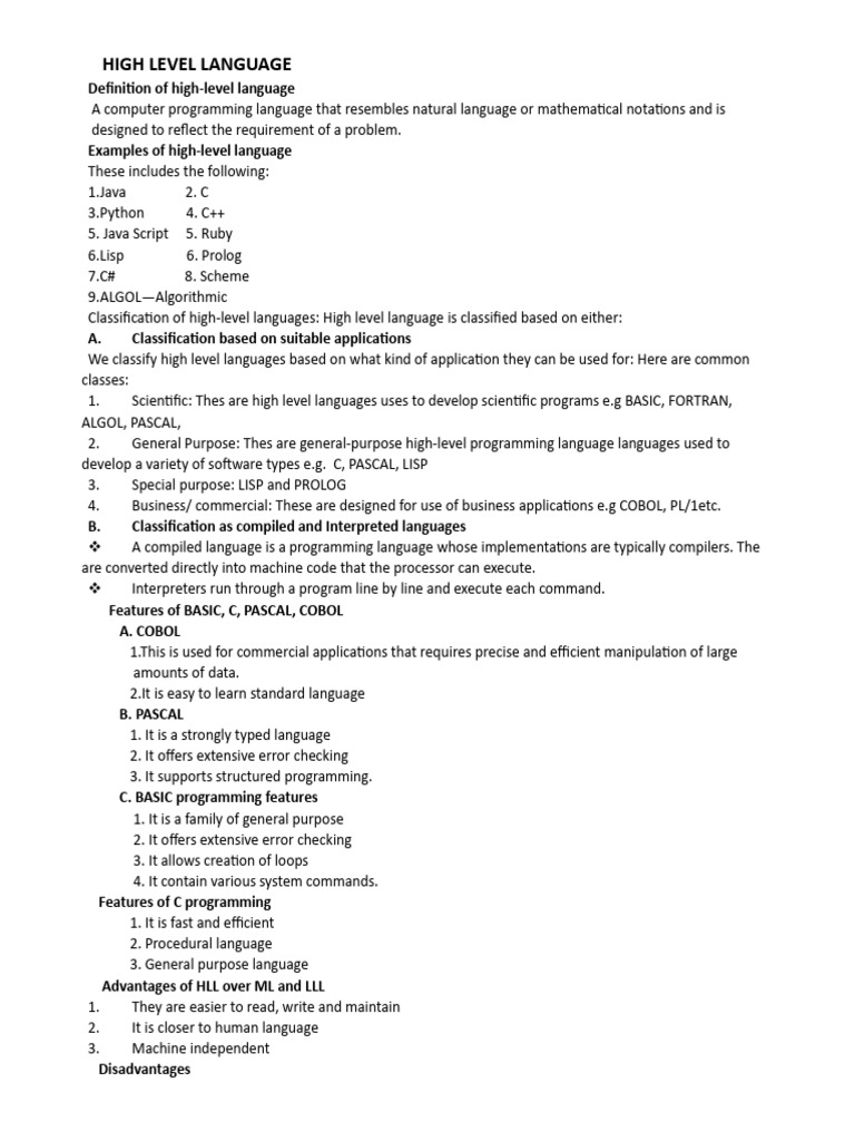 High Level Language Note | PDF | Programming Language | Computer ...