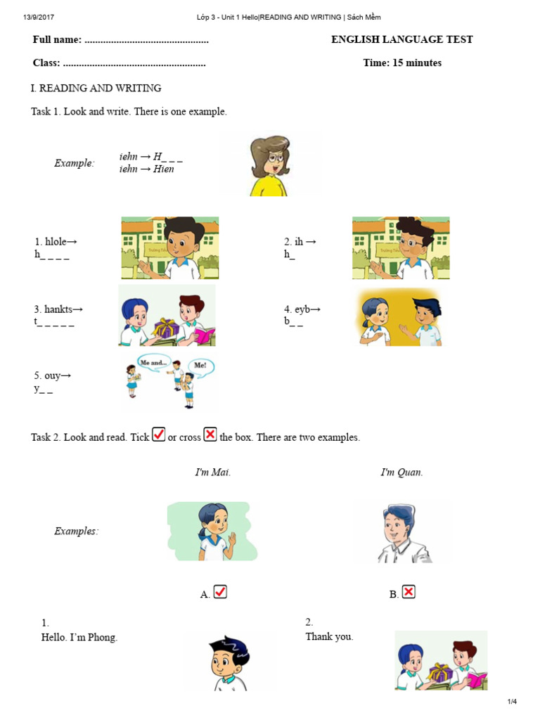 Grade 3 English Test: Unit 1 Hello | PDF