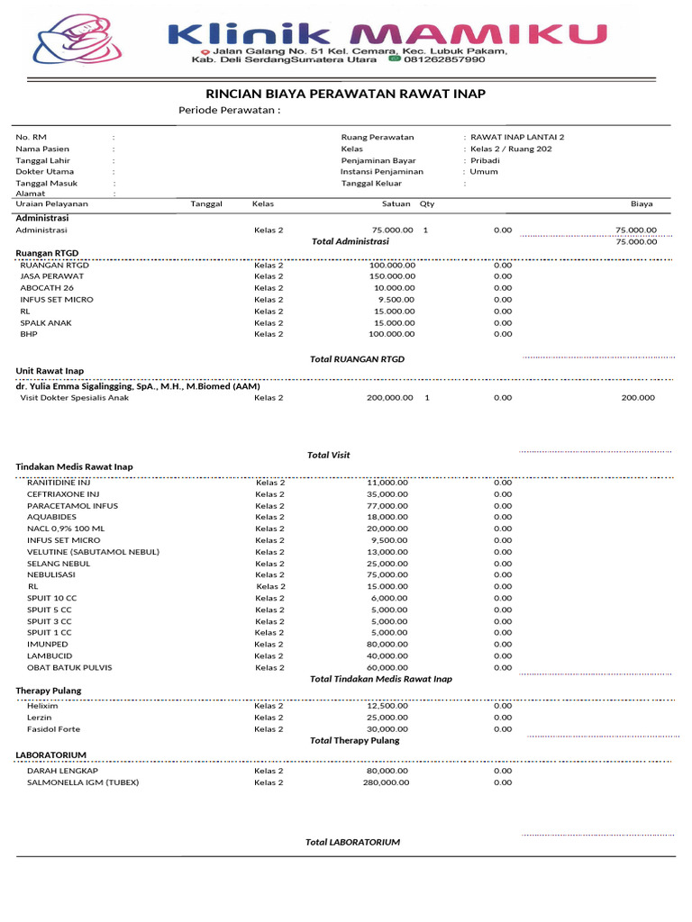 Format Rincian Biaya Perawatan Rawat Inap PDF