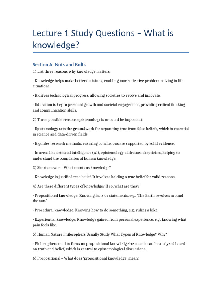 Lecture 1 Study Questions | PDF | Knowledge | Epistemology