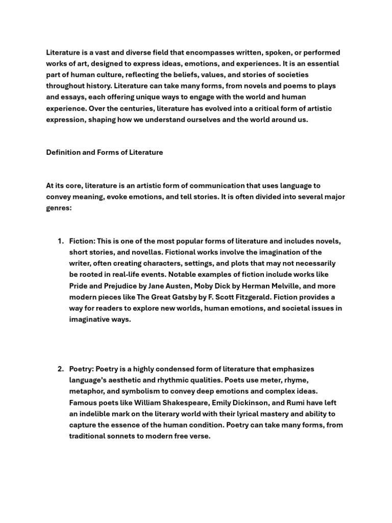 Understanding Literature's Forms and Impact | PDF | Poetry | Novels