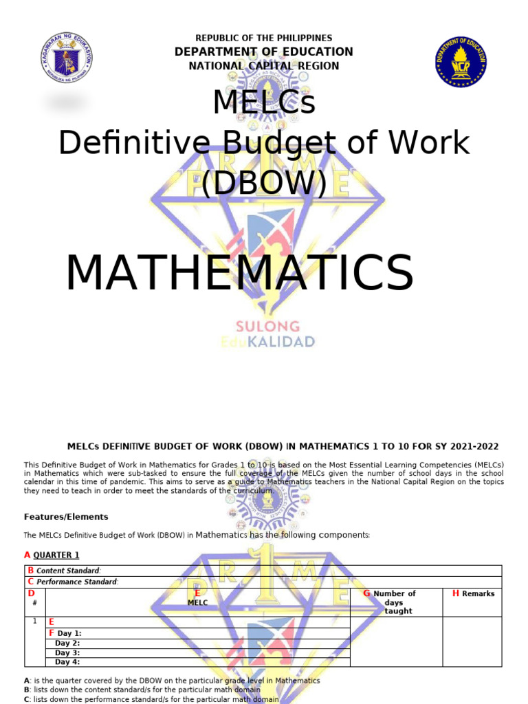 MELCs Budget of Work for Math 1-10 | PDF | Subtraction | Shape
