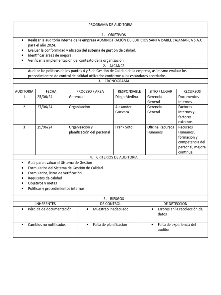 Auditoría Interna 2024: Gestión de Calidad | PDF | Sistema de manejo de ...