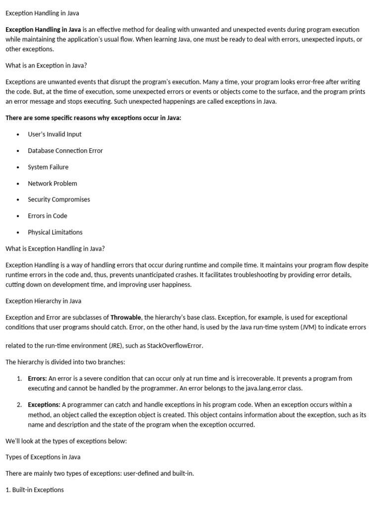 Java Exception Handling Explained | PDF | Java (Programming Language ...