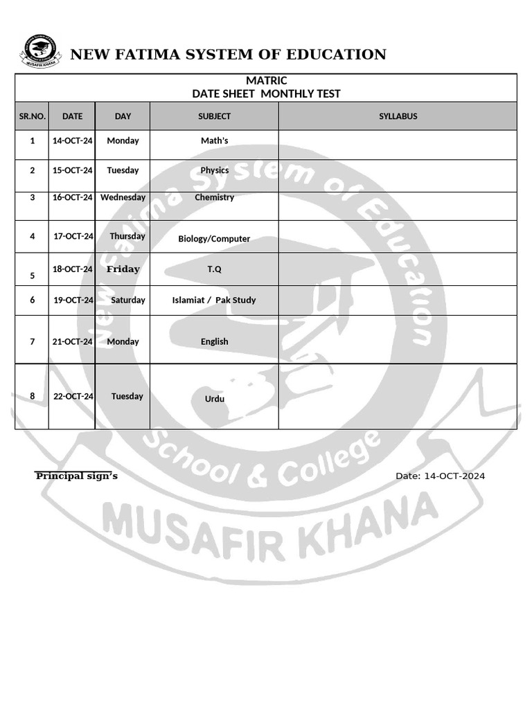 Date sheet part ii monthly test pdf