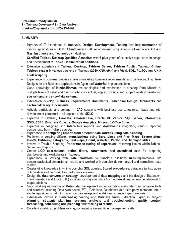 Sr. Tableau Developer Resume | PDF | Microsoft Sql Server | Databases
