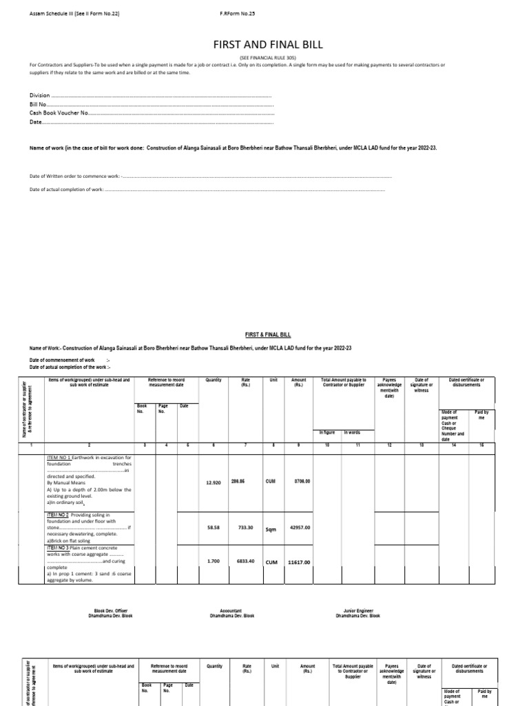 First And Final Bill Form