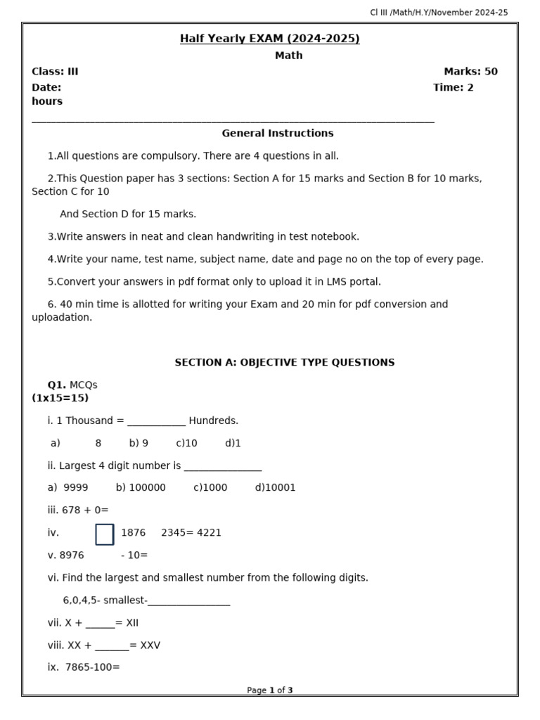 CL 3 - Math - QP - H.Y. - 24-251 | PDF | Tests