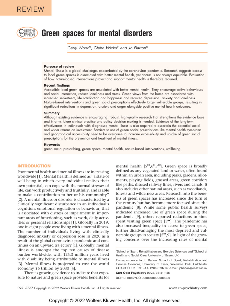Green Spaces and Mental Health Benefits | PDF | Mental Health | Mental ...