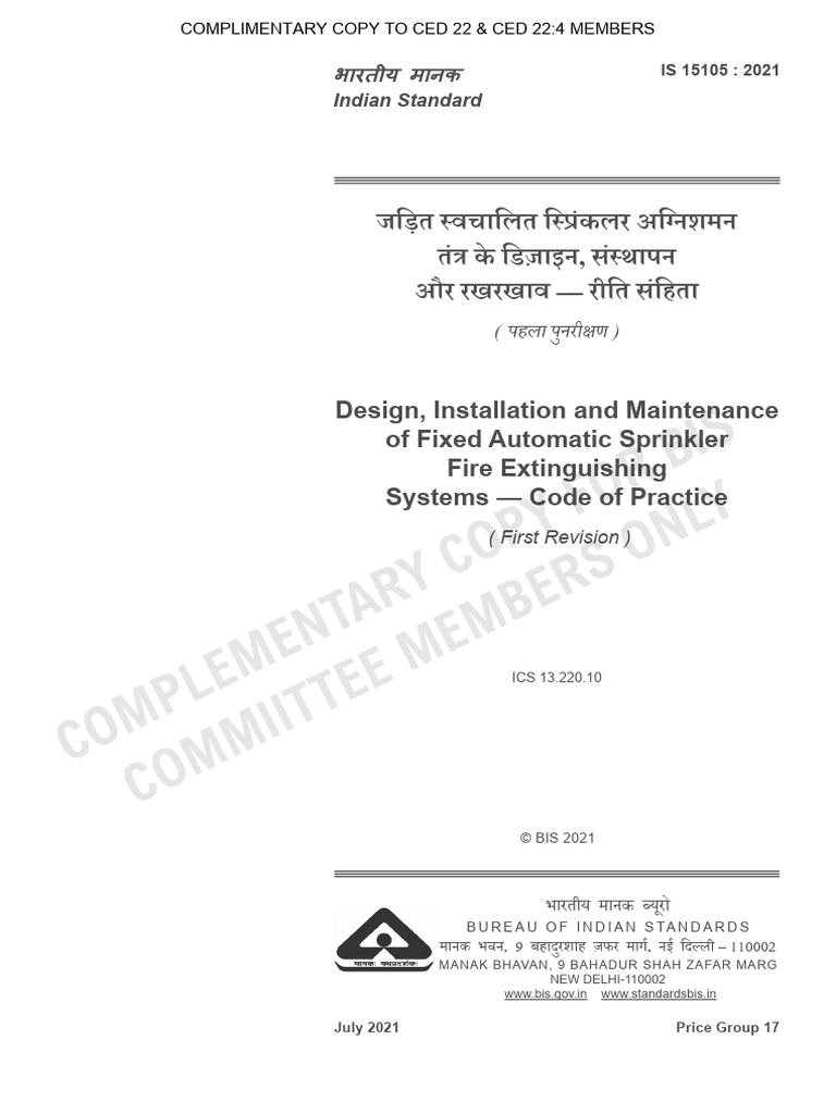 IS 15105:2021 Sprinkler System Code | PDF | Fire Sprinkler System