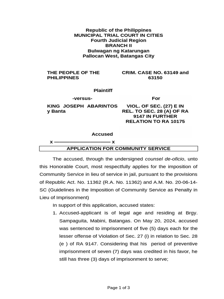 Application for community service abarintos pdf criminal law justice