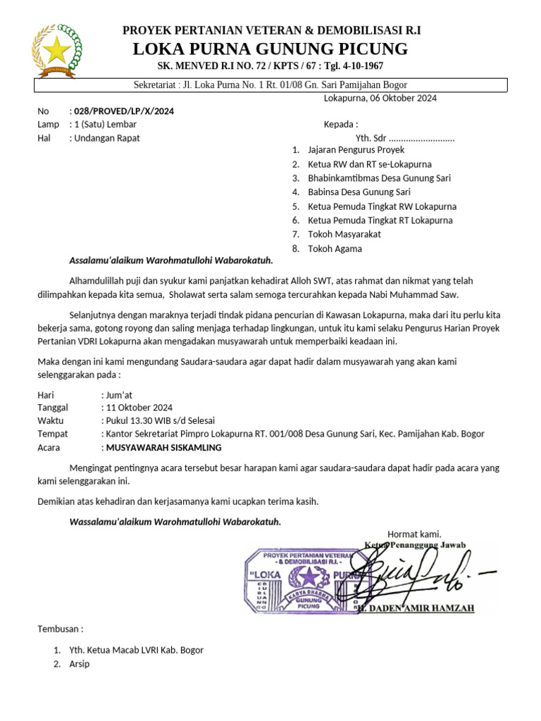 Undangan Musyawarah Siskamling Lokapurna | PDF | Griya & Taman