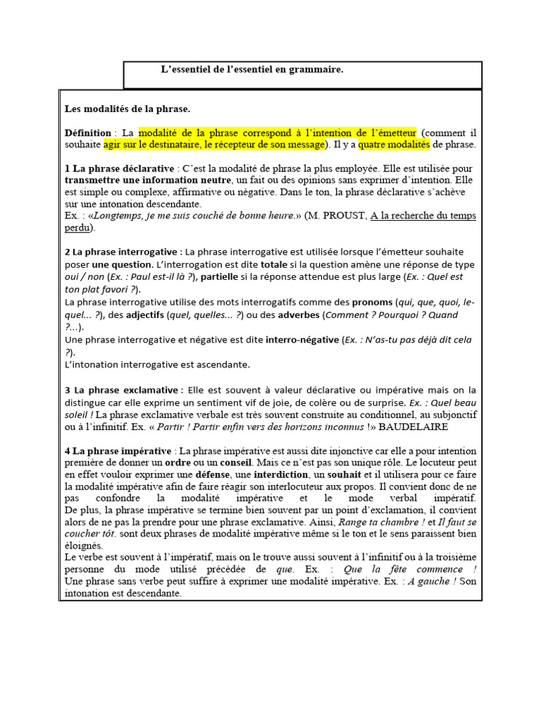 Classe de 3ème Modalités de La Phrase | PDF | Phrase | Question