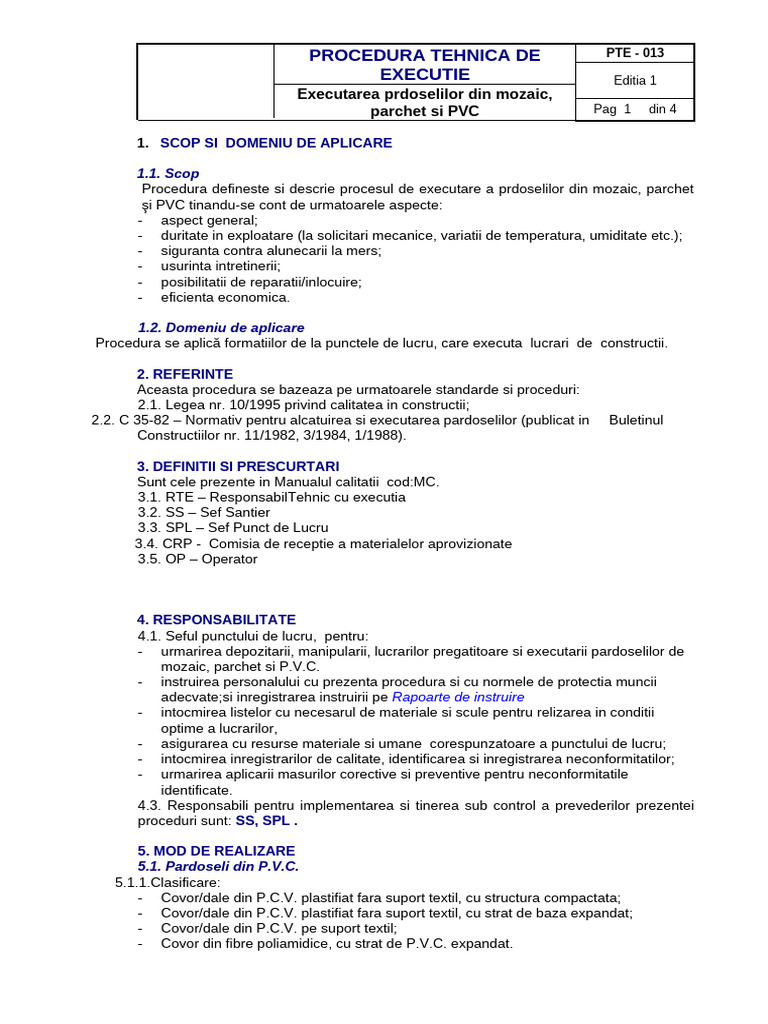 PTE - 013 Procedura Tehnica de Executie | PDF