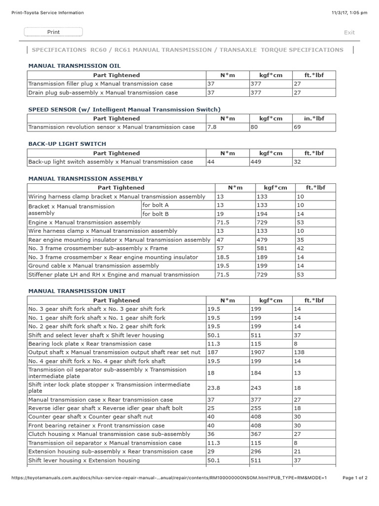 RC60/RC61 Manual Transmission Specs | PDF | Manual Transmission ...