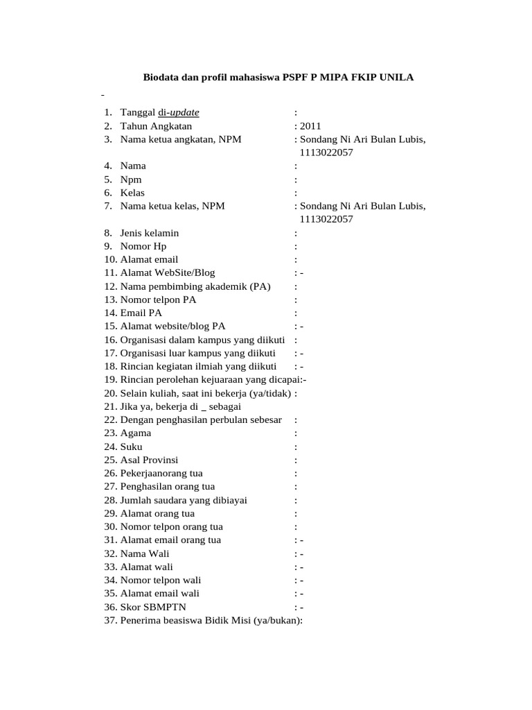New Biodata Dan Profil Mahasiswa PSPF P MIPA FKIP UNILA | PDF