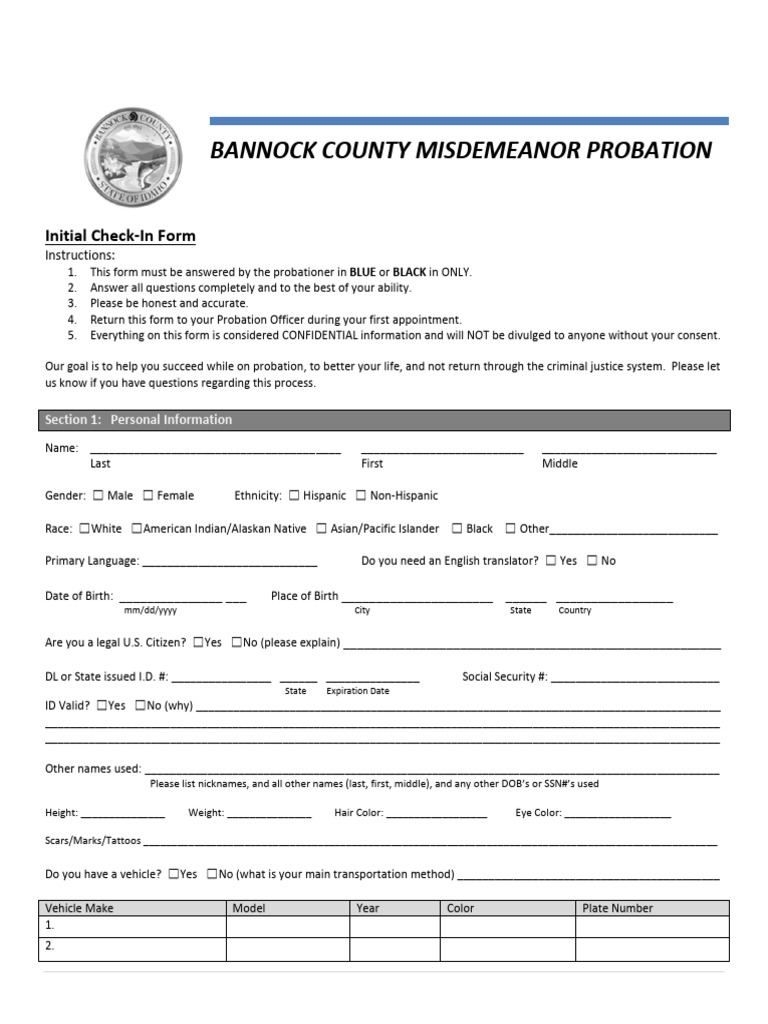 Bannock County Probation Check-In Form | PDF | Probation | Criminal Justice