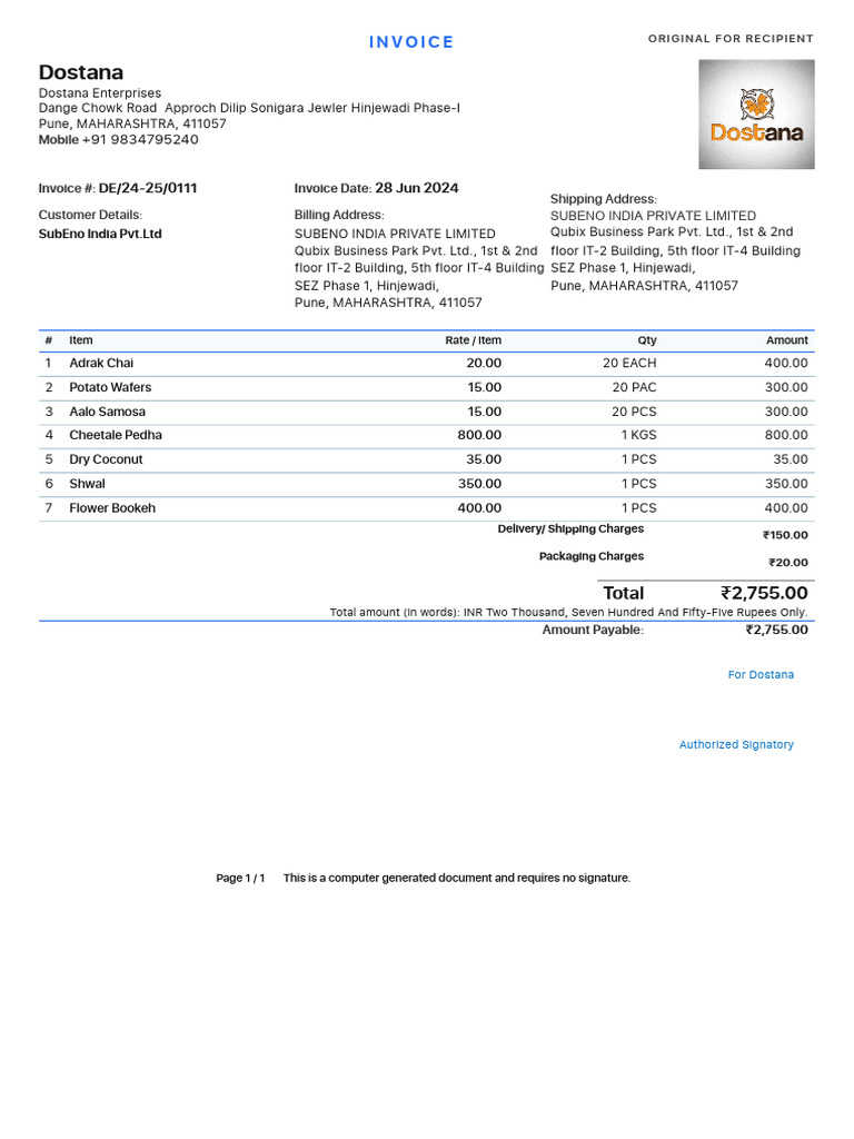 Invoice Dostana DE - 24 25 - 0111 | PDF