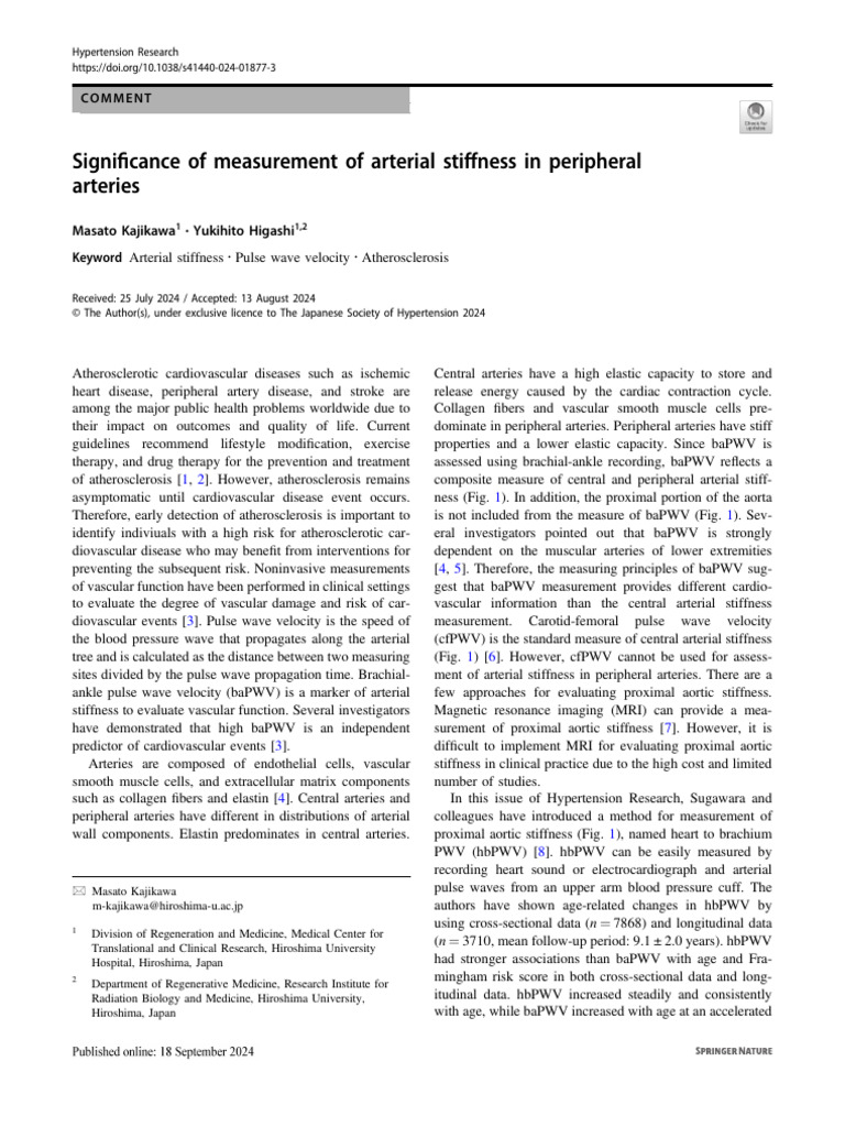 Signi Cance of Measurement of Arterial Stiffness in Peripheral Arteries ...