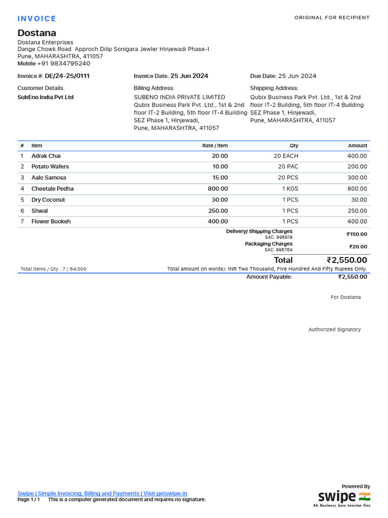 Dostana: Invoice | PDF