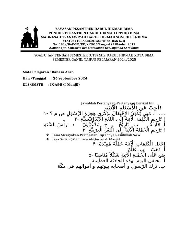 Soal UTS Bahasa Arab Kelas 9 | PDF